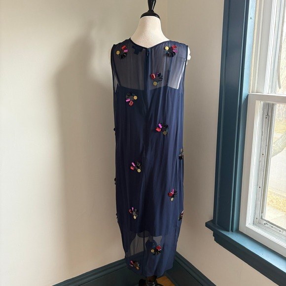DKNY Sheer Embellished Sheath Silk Midi Dress Women's L Navy Holiday NYE Party - Picture 6 of 11